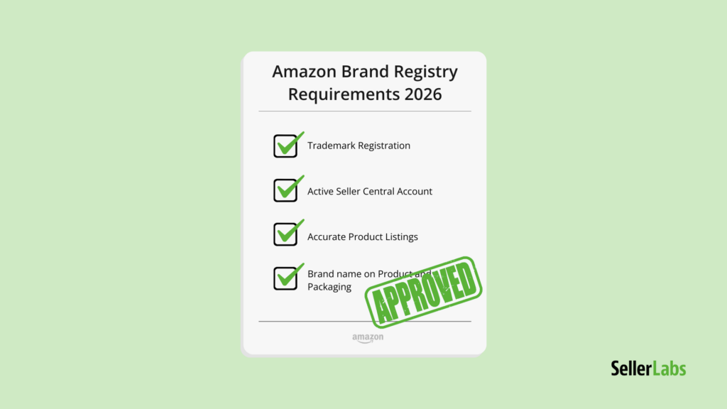 Approved Amazon Brand Registry requirements 2026 checklist showing trademark, Seller Central account, accurate listings, and packaging requirements.