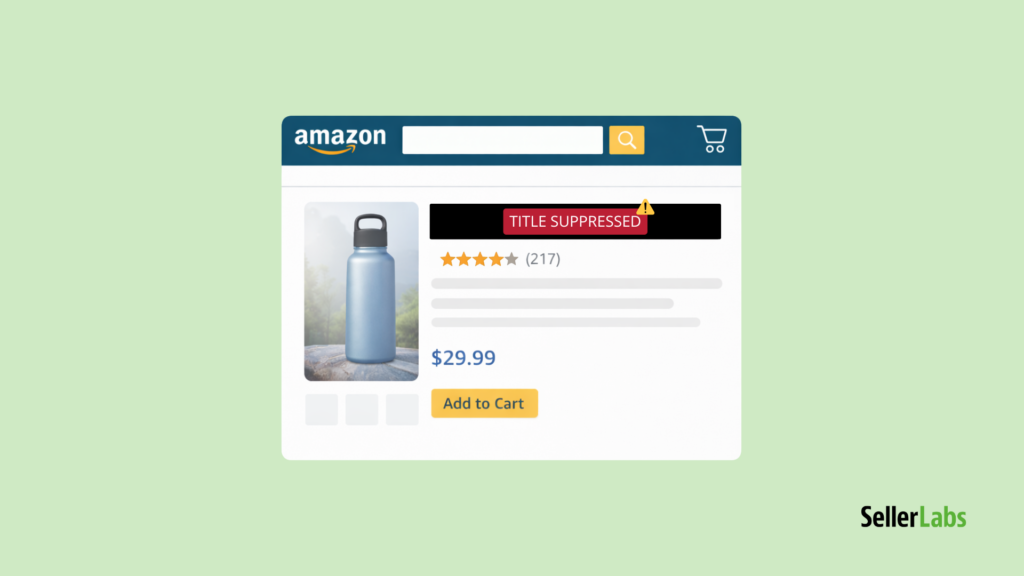 Amazon listing mockup showing a blacked-out product title and “Title Suppressed” alert, representing Amazon title suppression.
