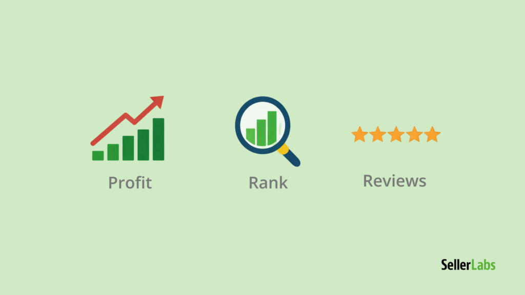 Illustration of a rising profit chart, a ranking magnifying glass, and five-star reviews representing key Amazon seller strategies for 2026.