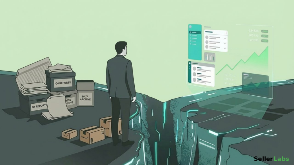 Illustration of an Amazon seller standing at the edge of a widening gap between old manual reports and AI-powered dashboards, representing the AI gap for Amazon sellers in 2026