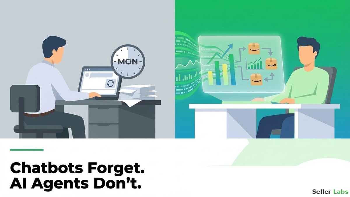 Split vector illustration comparing a frustrated seller restarting their AI chatbot every Monday versus a seller using an AI agent connected to their Amazon data with charts and insights flowing continuously
