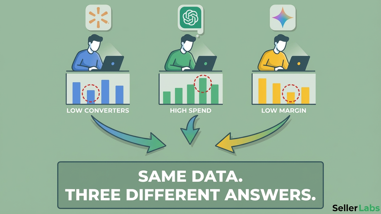 Three AI models Claude ChatGPT and Gemini analyzing the same Amazon PPC campaign data with different findings highlighted illustrating multi-model AI audit approach for Amazon sellers 2026
