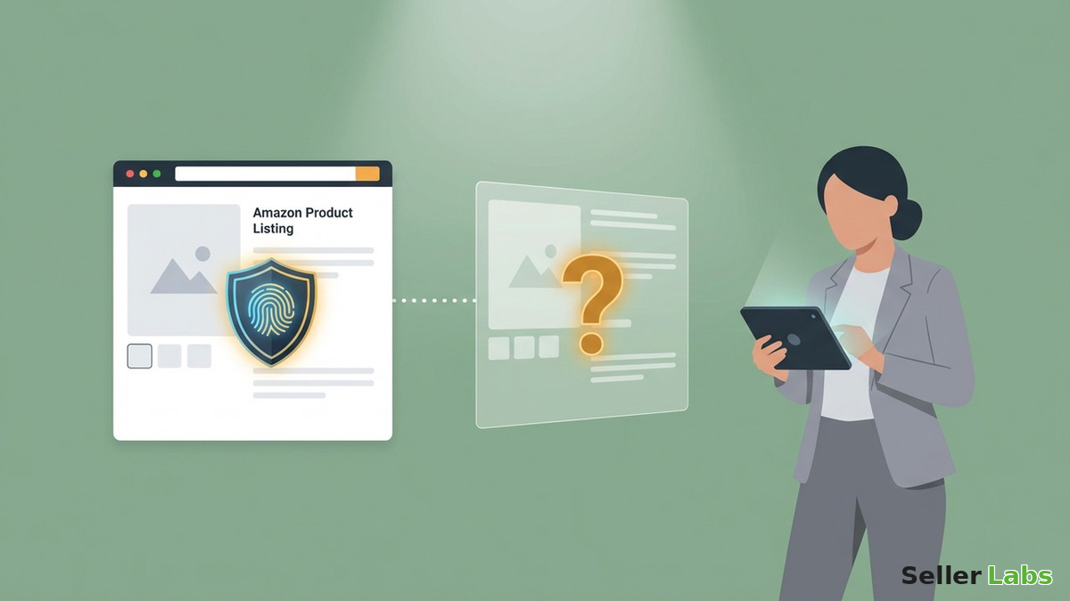 AI copyright Amazon listings - seller reviewing AI-assisted listing workflow with fingerprint protection concept