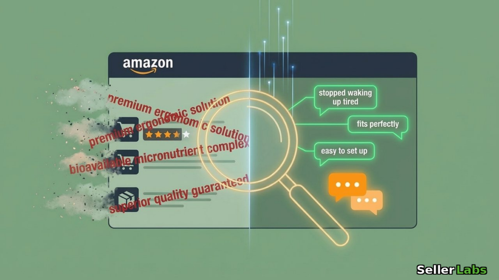 AI listing optimization diagram showing Amazon product listing with seller marketing jargon dissolving on the left and real customer voice phrases on the right