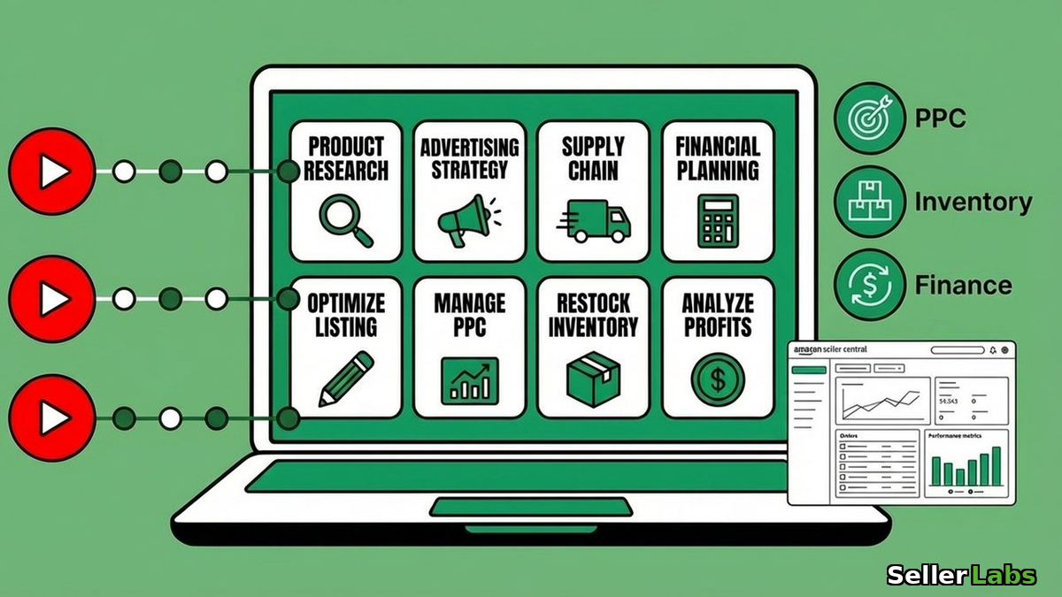 AI advisor Amazon seller workflow showing YouTube content extracted into decision frameworks for PPC inventory and finance