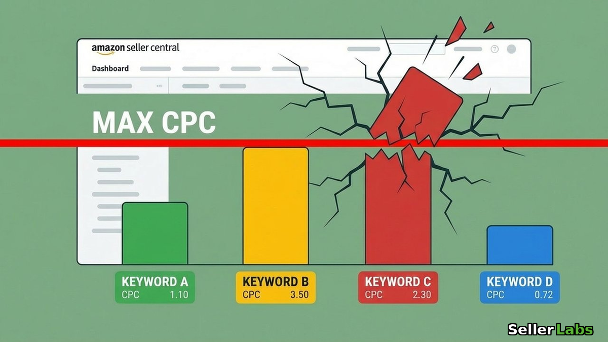 Amazon PPC keyword profitability calculator showing max CPC ceiling with keyword bid bars breaking through a red ceiling line on a Seller Central dashboard