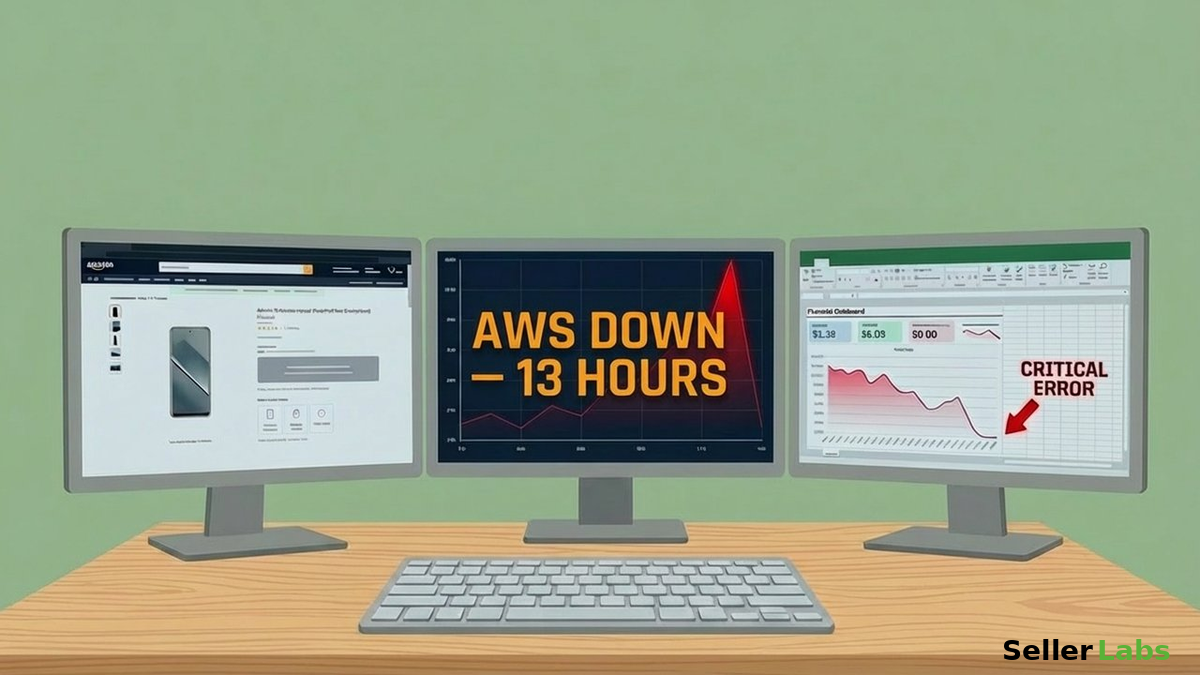 Three monitors showing Amazon storefront unavailable, AWS down 13 hours outage chart, and Seller Central critical error — Amazon AI blast radius impact on sellers