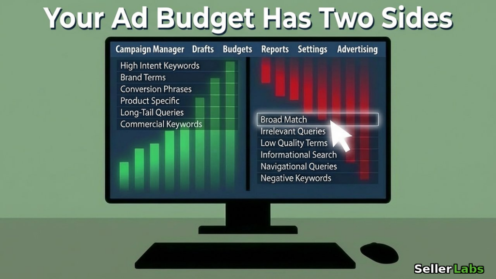 Amazon PPC audit dashboard showing Campaign Manager with profitable keywords in green and wasted ad spend keywords in red, cursor selecting broad match term for negation