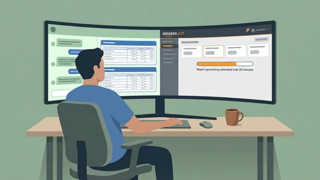 Amazon Ads MCP Server AI connection to ad account showing campaign creation vs reporting speed - Seller Labs