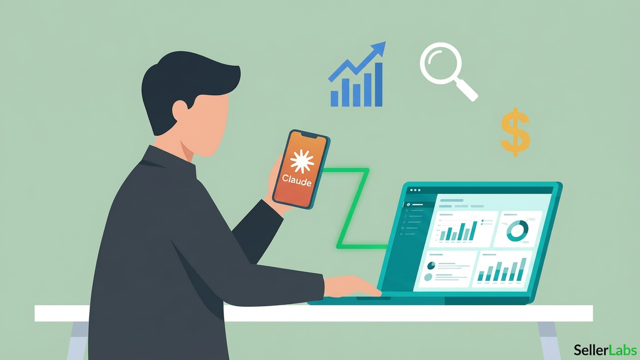 Claude Code for Amazon sellers — AI dashboard illustration showing smartphone and laptop data connection