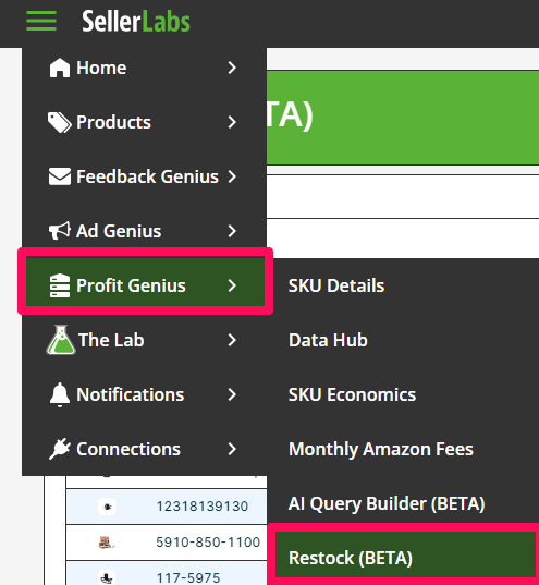 Seller Labs Profit Genius Menu dropdown for the Restock App 