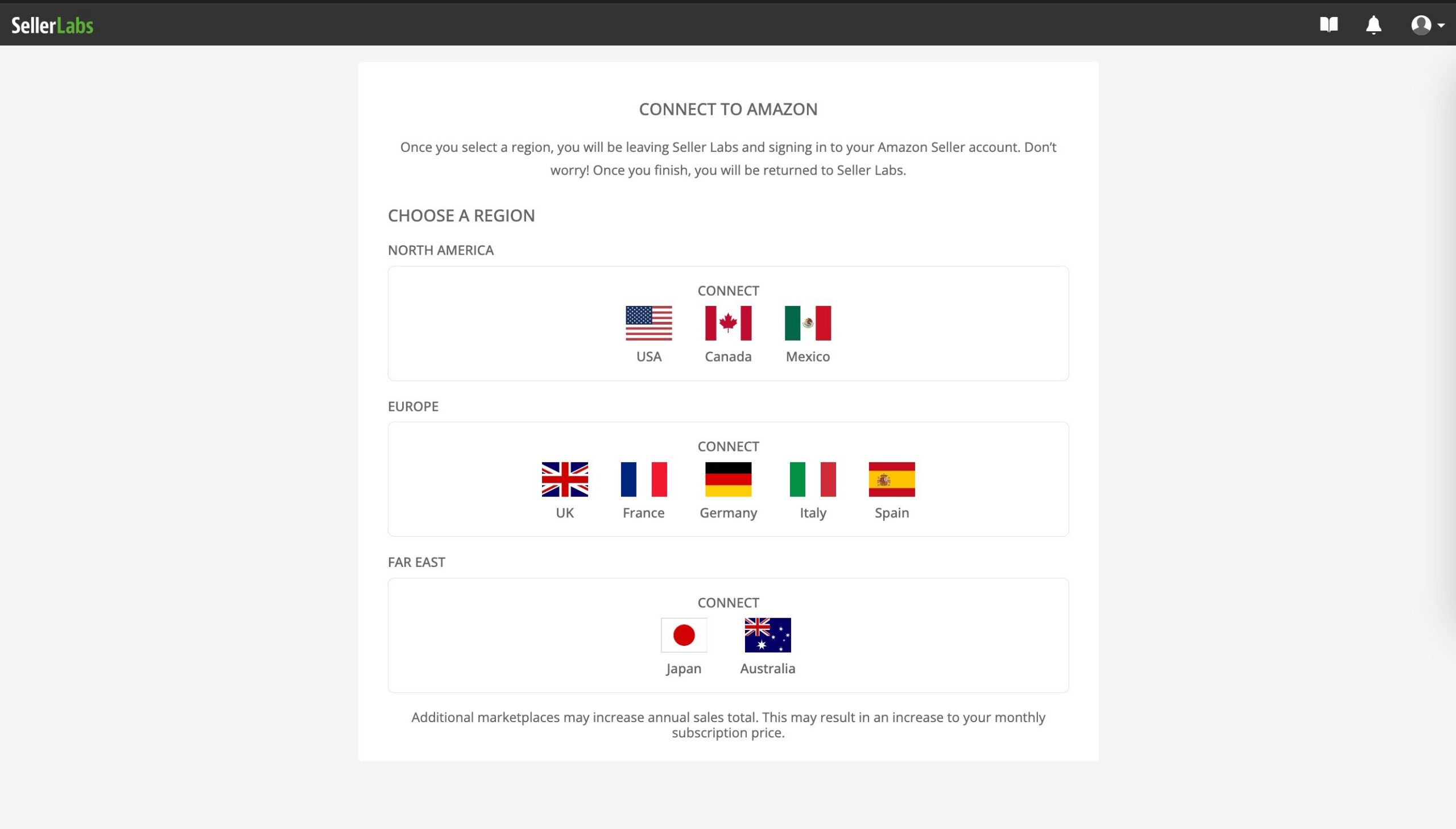 Seller Central Marketplace options on Seller Labs