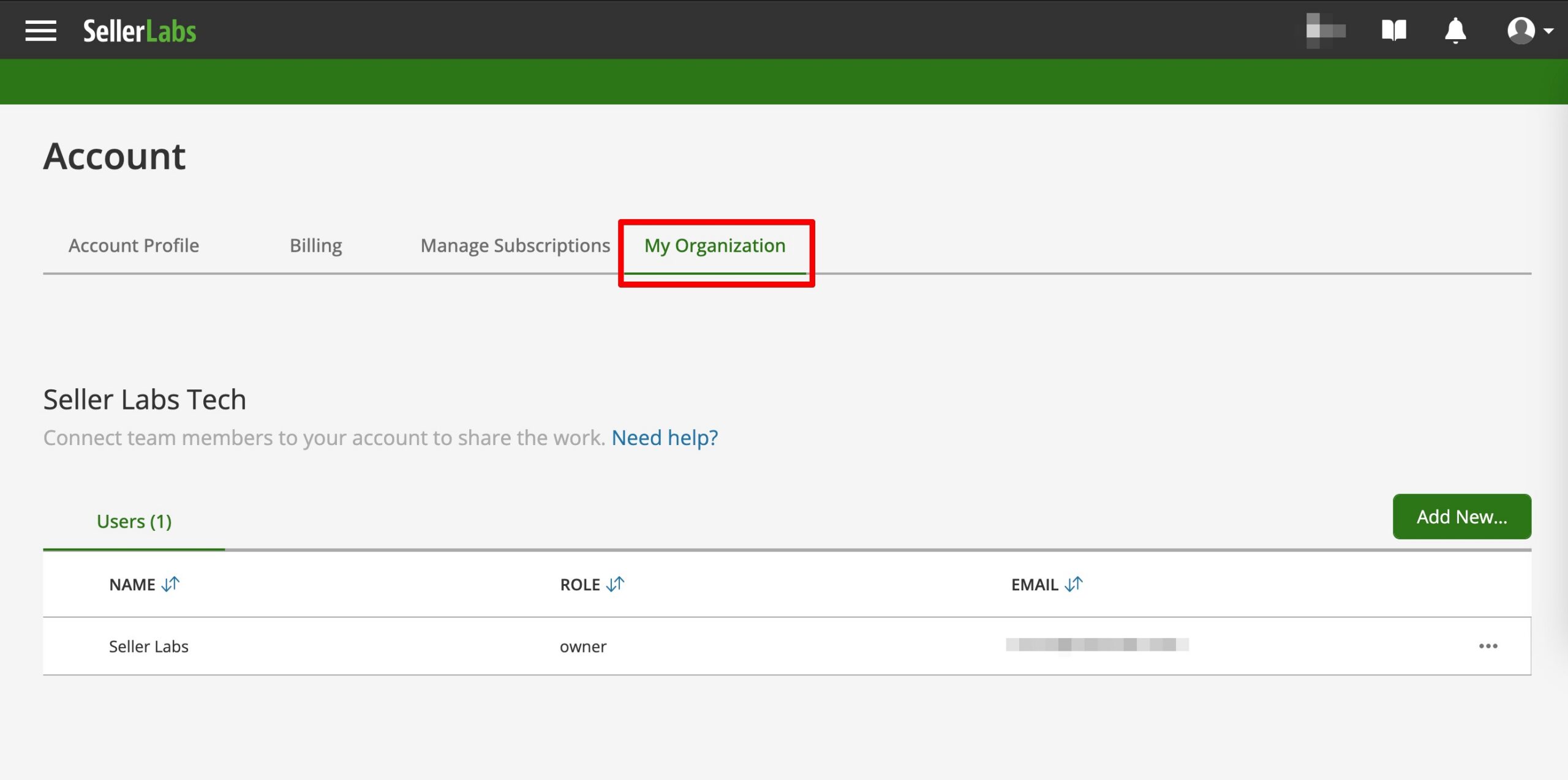 Seller Labs Account Menu for My Organization