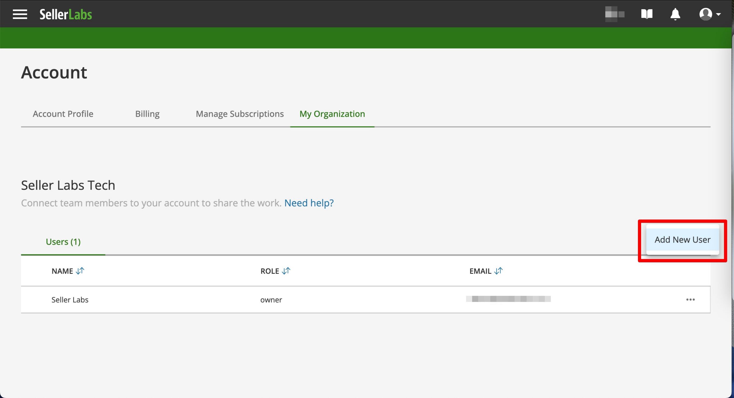Seller Labs Account Menu for My Organization How to Add a New User