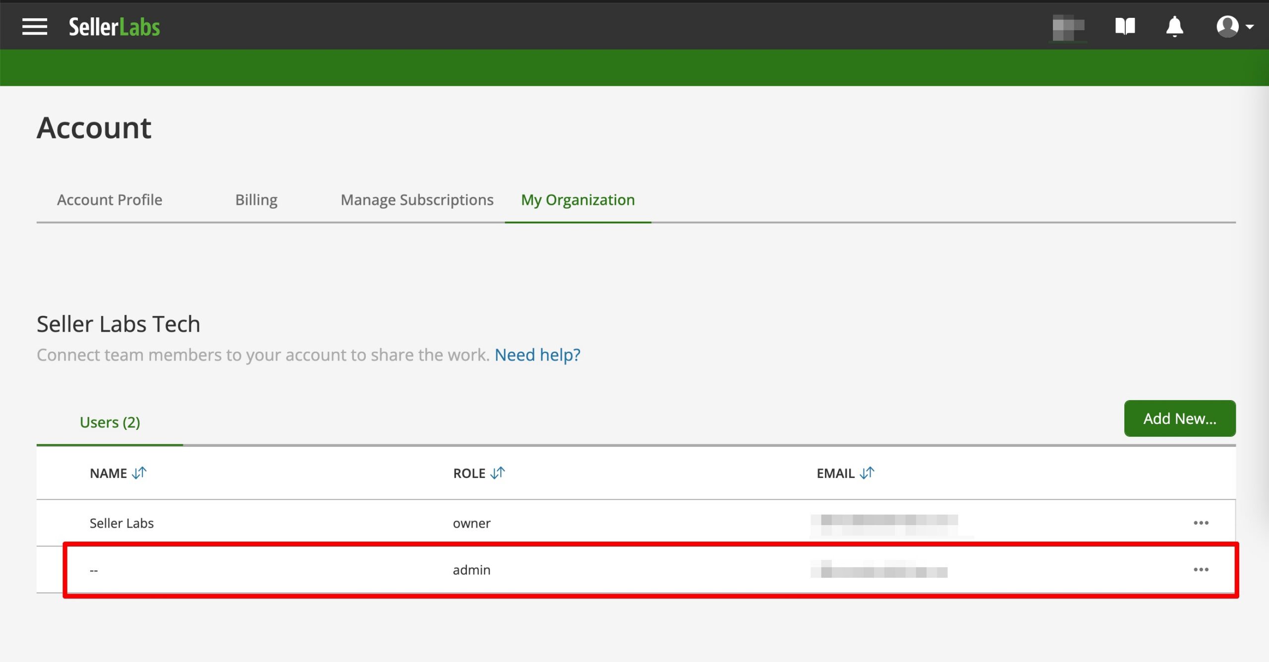 Seller Labs Account Menu for My Organization Menu