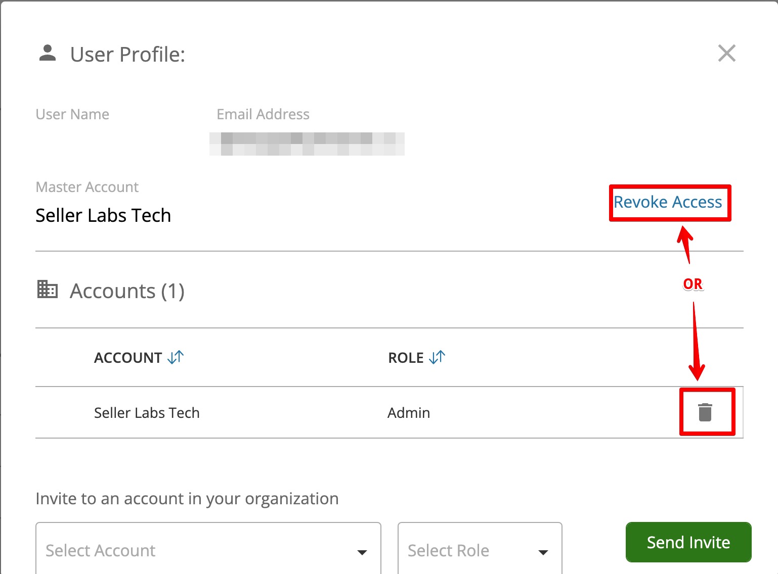 Seller Labs Account Menu for My Organization Revoke Access