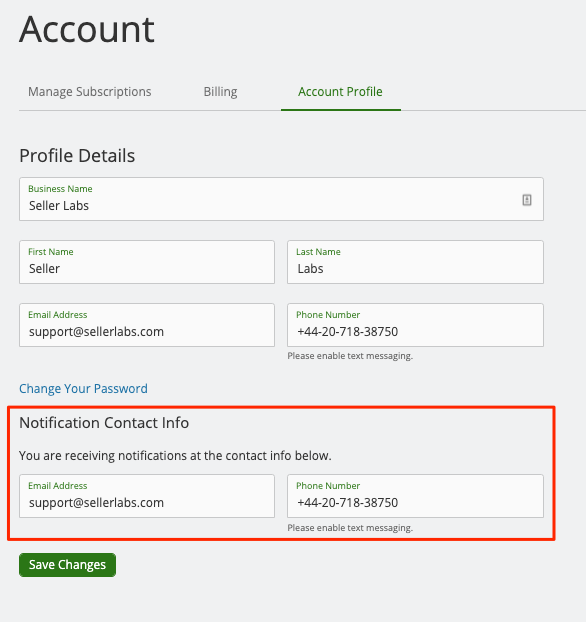 Seller Labs Account Profile Notification Email and phone number settings