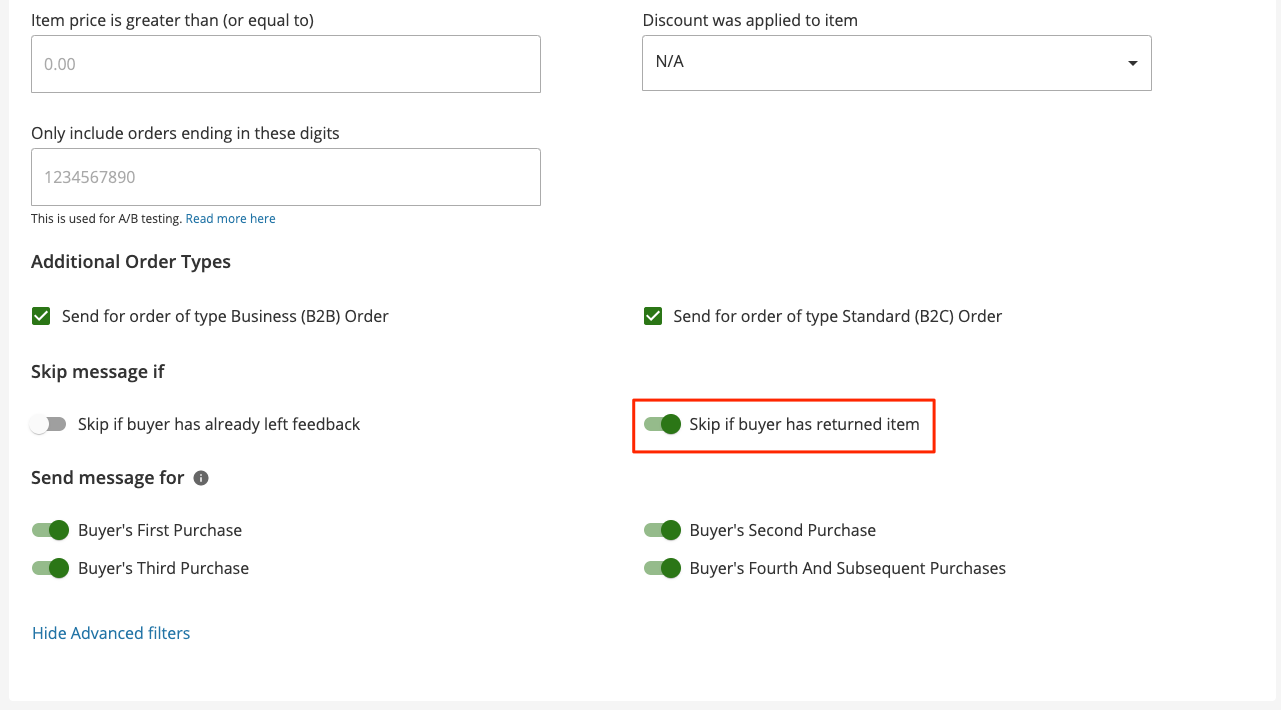 Seller Labs Feedback Genius Custom Message Skip if buyer has returned item filter
