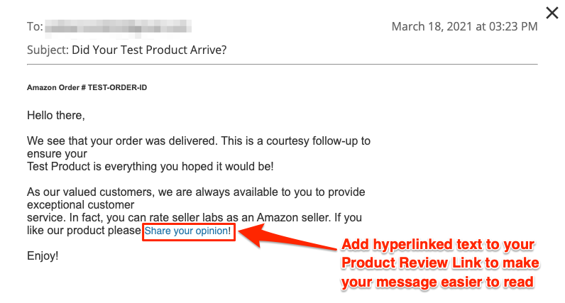 Seller Labs Custom Test Message