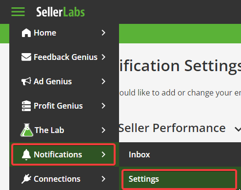 Seller Labs Menu drop down showing the Notification Settings tab