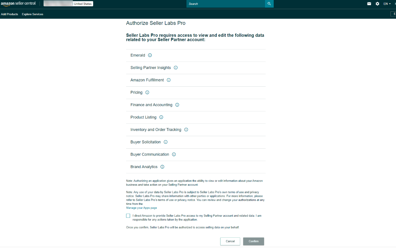 Seller Central Selling Partner API permission prompt page