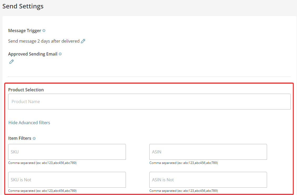 Seller Labs Feedback Genius Custom Messages Product ASIN SKU Selection filter