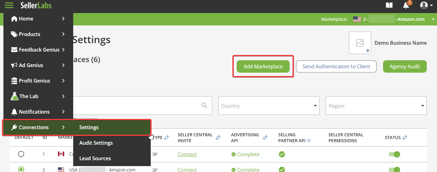 Seller Labs Amazon Marketplace connection settings page to add an Amazon Marketplace