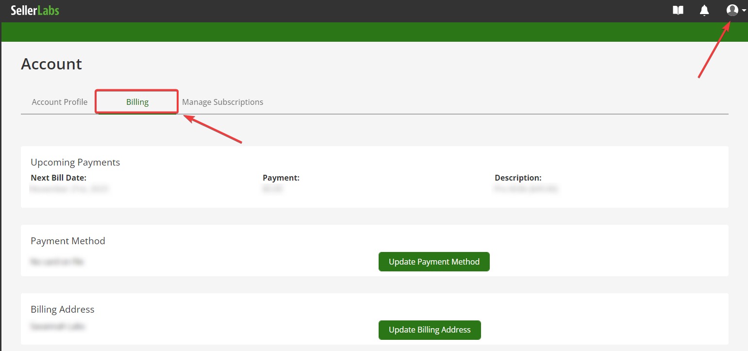 Seller Labs Account Billing page