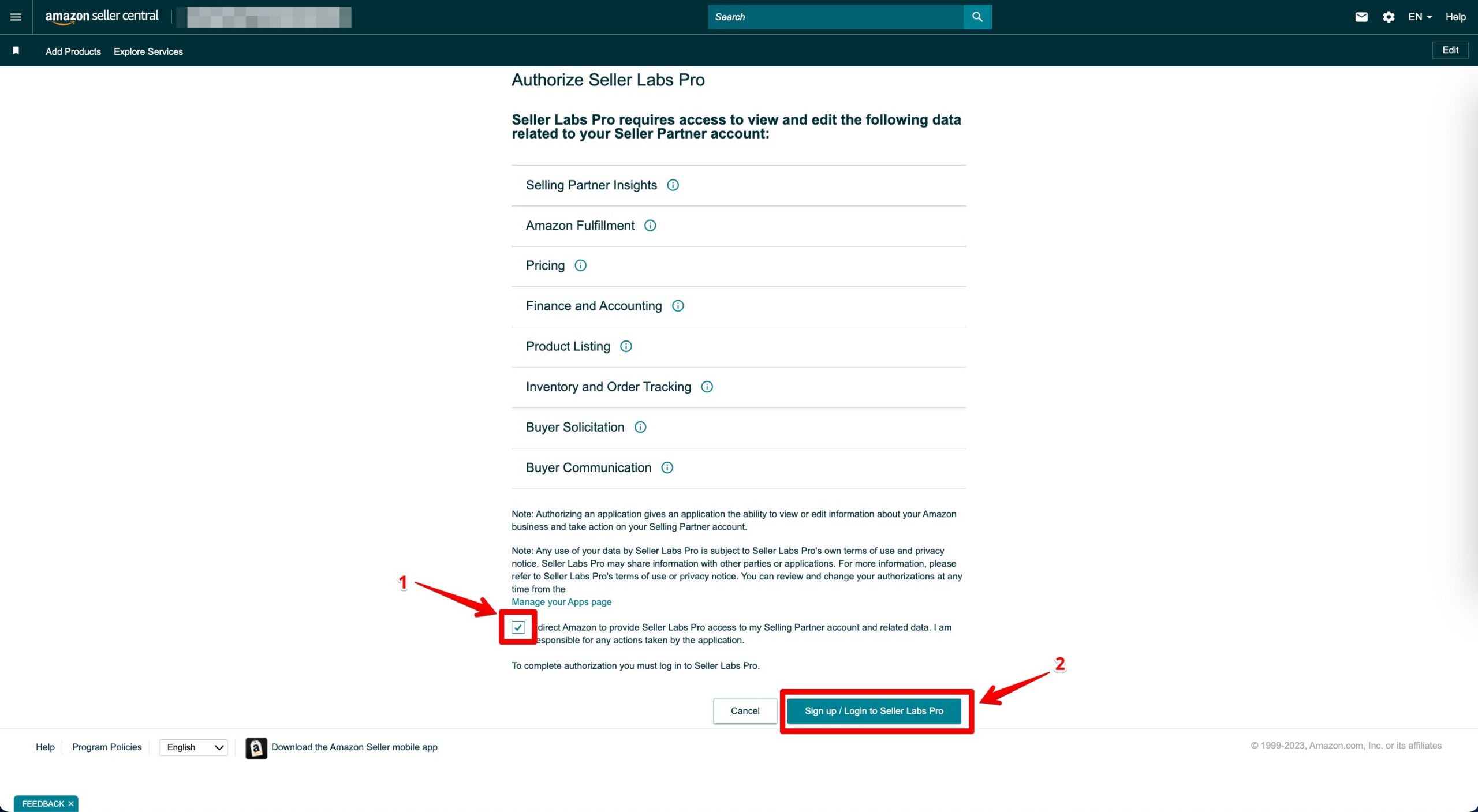 Seller Central Selling Partner API Permission prompt 